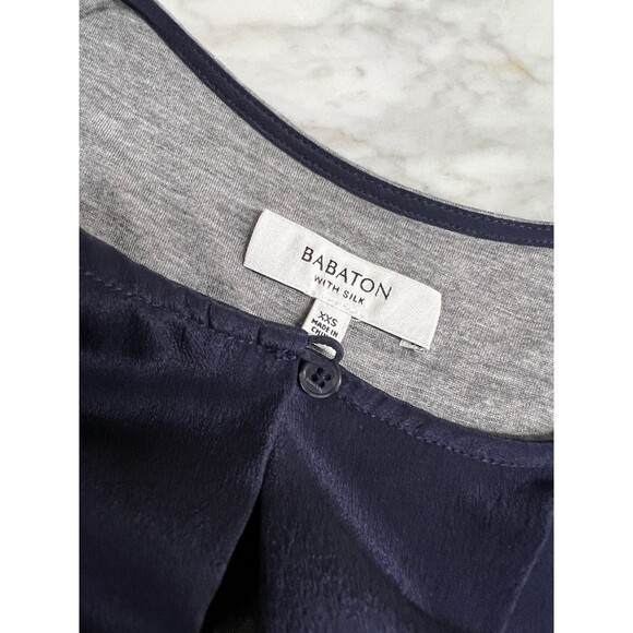 Aritzia Babaton Navy Silk Grey Colorblock long sleeve key hole button Blouse XXS - Picture 4 of 9